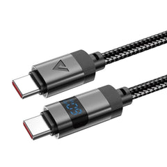 كابل شحن ونقل بيانات ACEFAST C15-03 USB-C إلى USB-C مصنوع من سبائك الزنك المضفرة، أسود اللون، مزود بموصل USB-C إلى USB-C، شاشة عرض رقمية.
