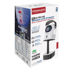 Promate 4K Ultra HD Wireless LCD Projector with Built-In Speaker & Monopod Stand, LCD Technology,White