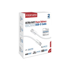 Promate Ultra-Fast 60W Power Delivery USB-C Fabric Braided Cable,WHITE