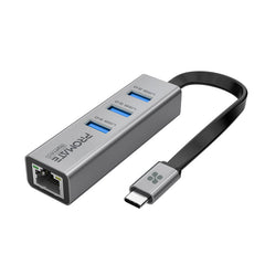 Promate Multi-Port USB-C Hub with Ethernet Adapter , 3 x USB 3.0 Ports ,Grey