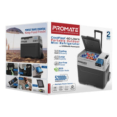 ثلاجة بروميت كول فاست صغيرة محمولة للاستخدام الخارجي بسعة 40 لترًا مع بطارية 52000 مللي أمبير، لون رمادي