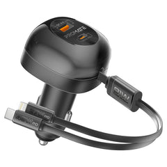 81W Multi-Port Car Charger with Retractable USB-C & Lightning Cables