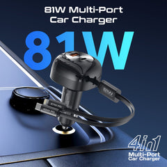 81W Multi-Port Car Charger with Retractable USB-C & Lightning Cables