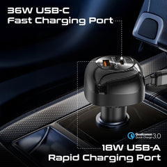 81W Multi-Port Car Charger with Retractable USB-C & Lightning Cables