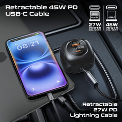 81W Multi-Port Car Charger with Retractable USB-C & Lightning Cables