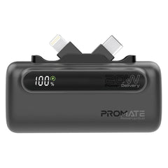 Promate 5000mAh Ultra-Compact fast charging Power Bank with Dual Folding USB-C & Lightning Connector,Black