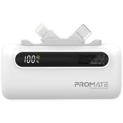 Promate 5000mAh Ultra-Compact fast charging Power Bank with Dual Folding USB-C & Lightning Connector,White