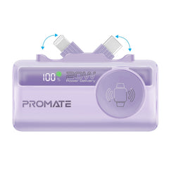 Promate 5000mAh Ultra-Compact fast charging Power Bank with Dual Folding USB-C & Lightning Connector & Apple Watch Charge,purple