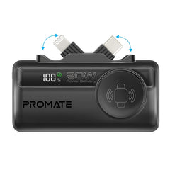 Promate 5000mAh Ultra-Compact fast charging Power Bank with Dual Folding USB-C & Lightning Connector & Apple Watch Charge,Black
