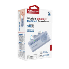 Promate 5000mAh Ultra-Compact fast charging Power Bank with Dual Folding USB-C & Lightning Connector & Apple Watch Charge,Blue