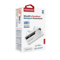 Promate 5000mAh Ultra-Compact fast charging Power Bank with Dual Folding USB-C & Lightning Connector & Apple Watch Charge,White