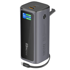 Promate 20000mAh 130W Aluminum Crafted Power Bank w/ Retractable USB-C Cable & TFT LCD Screen,BLACK