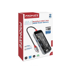 Promate 8-in 1 Transparent Ultra-Fast Multiport USB-C Hub with 100W Power Delivery,Trans