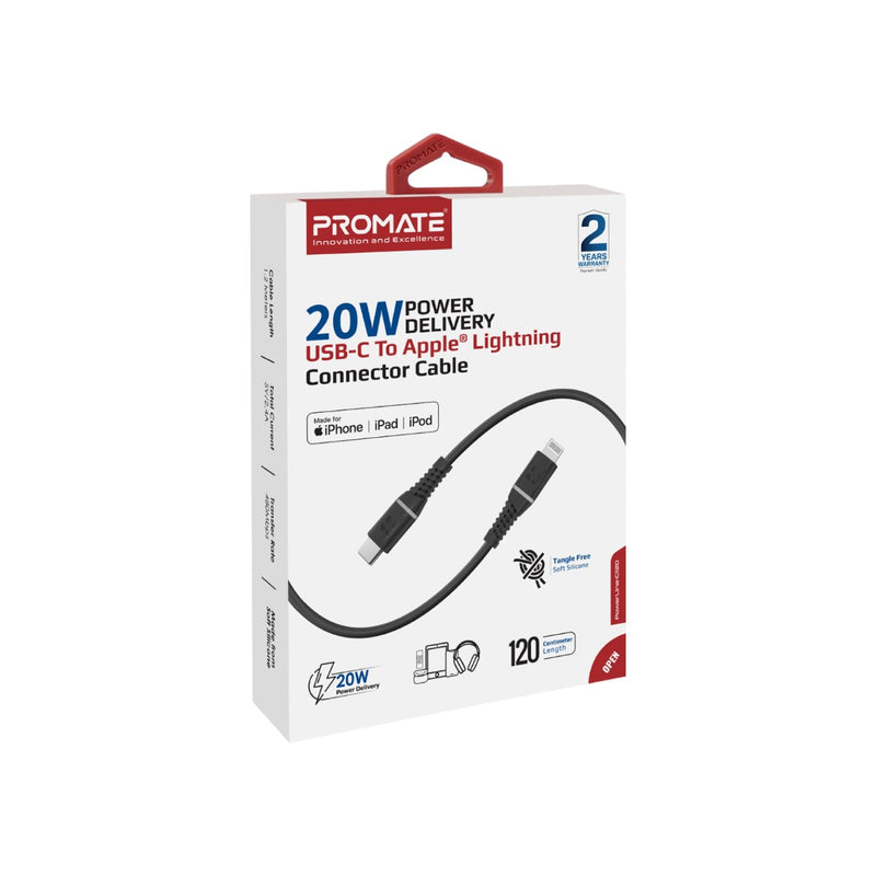 بروميت - باورلاين-سي آي 120، كابل توصيل طاقة 20 واط من نوع يو إس بي-سي إلى موصل أبل لايتنينج، أسود