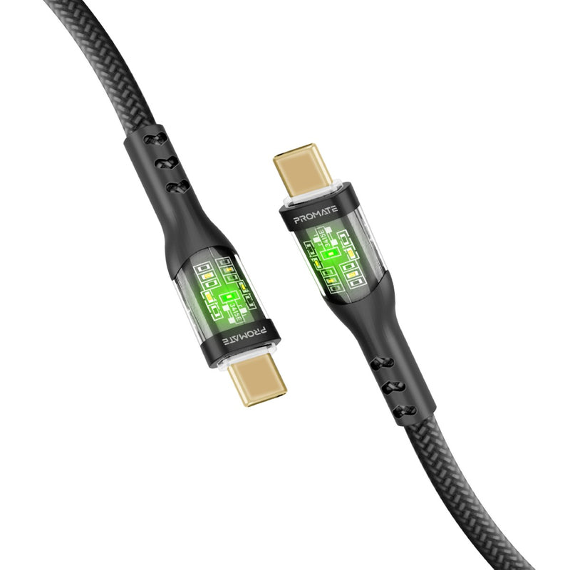 Promate -TransLine-CC,60W Power Delivery Ultra-Fast USB-C Cable with Transparent Shells,black