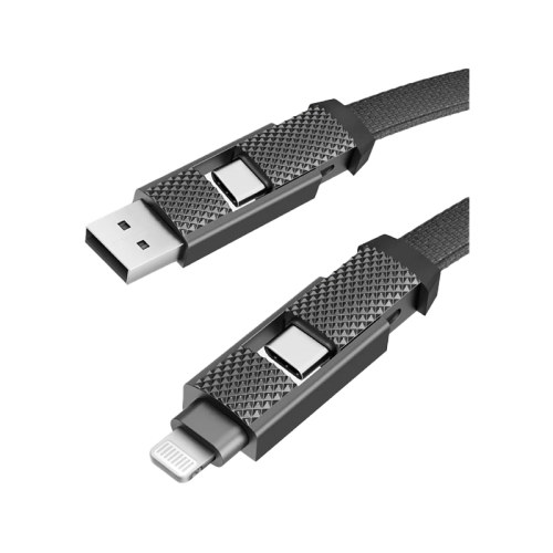 كابل شحن ألومنيوم بايزك جو تشارج ألوكيبل، 4 في 1، مع مدخل USB A/C ومخرج USB C/لايتنينج. شحن سريع PD، 1 متر - أسود.