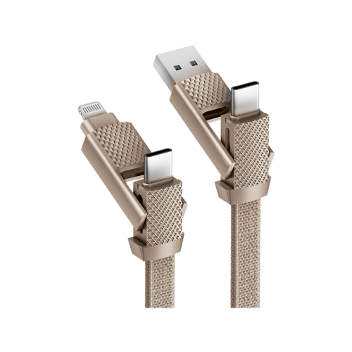 BAZIC GOCHARGE ALUCABLE, 4 IN 1 ALUMINIUM CHARGING CABLE WITH USB A/C INPUT AND USB C/LIGHTNING OUTPUT. PD FAST CHARGE 1M - GOLD