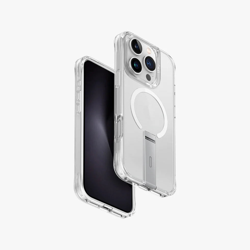 UNIQ HYBRID لهاتف آيفون 16 برو (2024) 6.9 شاحن مغناطيسي ELEVA مع حامل رأسي - شفاف (شفاف)