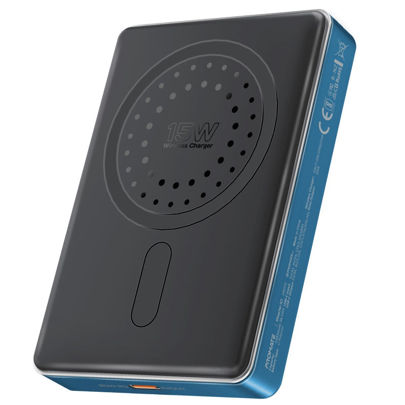 Promate 10000mAh Ultra-Slim Aluminum Crafted MagSafe Compatible Wireless Charging PowerBank ,Blue