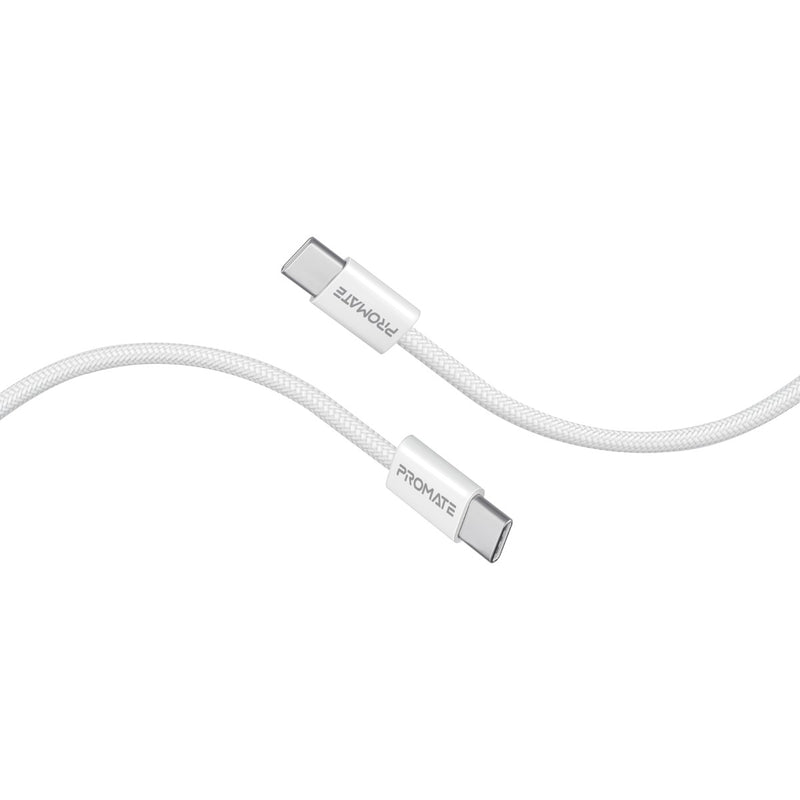 Promate Ultra-Fast 60W Power Delivery USB-C Fabric Braided Cable,WHITE