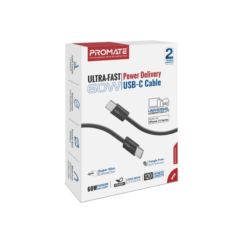 Promate Ultra-Fast 60W Power Delivery USB-C Fabric Braided Cable,black