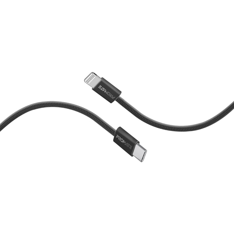 Promate Super-Fast 27W Power Delivery USB-C to Lightning Fabric Braided Cable,black