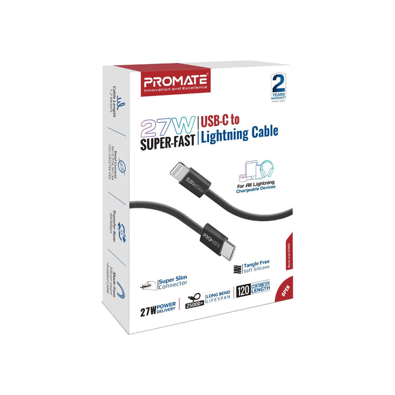 Promate Super-Fast 27W Power Delivery USB-C to Lightning Fabric Braided Cable,black