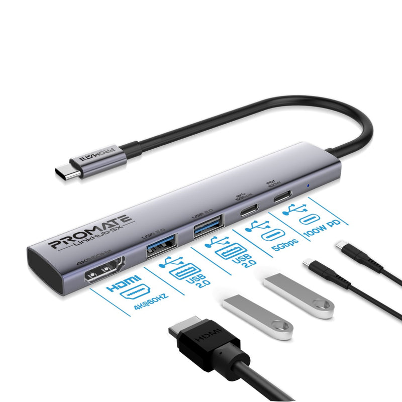 Promate 4K@60Hz Multi-function High Speed USB-C Hub with 100W Power Delivery,Grey