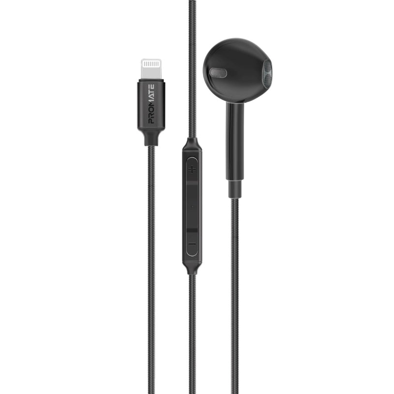 Promate MFI Certified Ergonomic In-Ear Wired Mono Earphone with Lightning Connector,Black