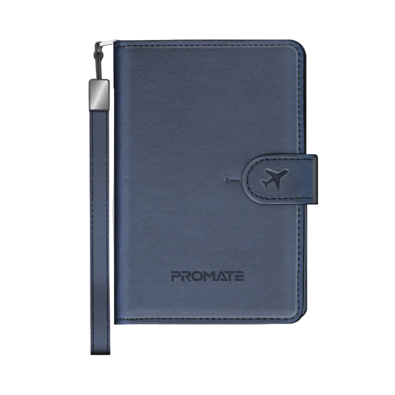 Promate Anti-Loss Slim Leather Passport Holder with RFID Protection & Smart Tracking, RFID Protected,Blue