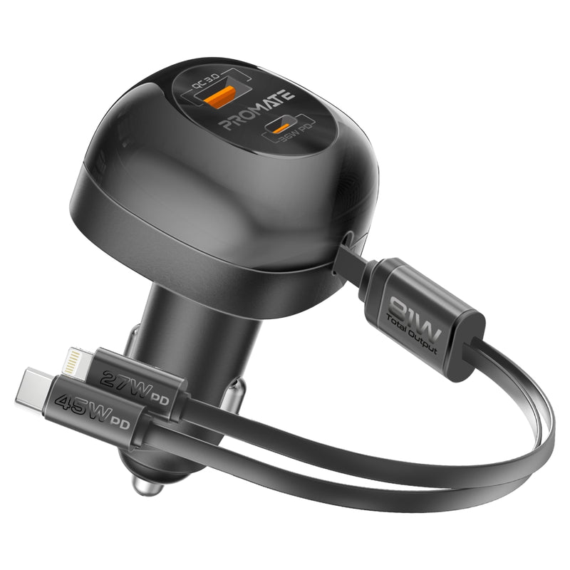 81W Multi-Port Car Charger with Retractable USB-C & Lightning Cables