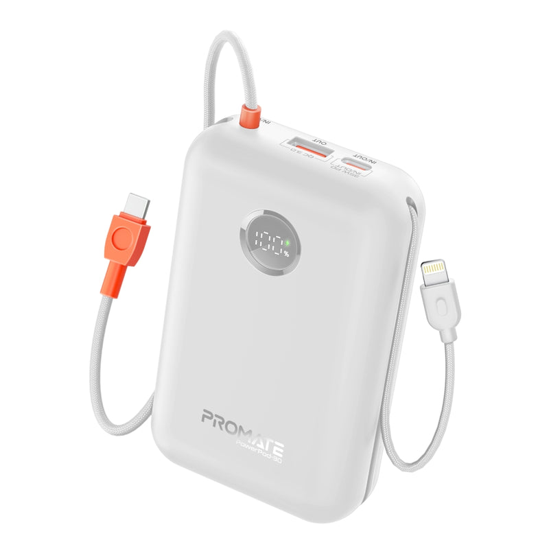Promate 30000mAh Ultra Compact 35W SuperSpeed™ Power Bank with Built-In USB-C & Lightning Cable,White