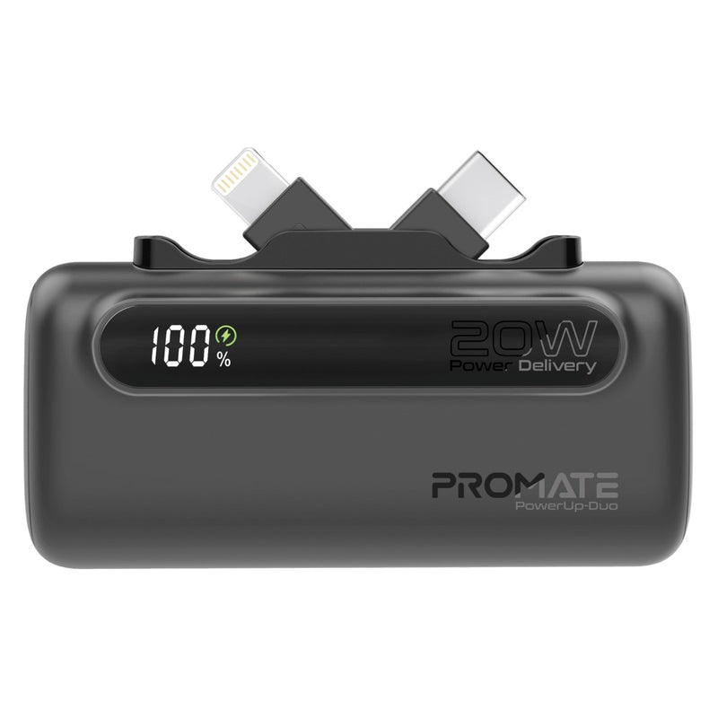 Promate 5000mAh Ultra-Compact fast charging Power Bank with Dual Folding USB-C & Lightning Connector,Black