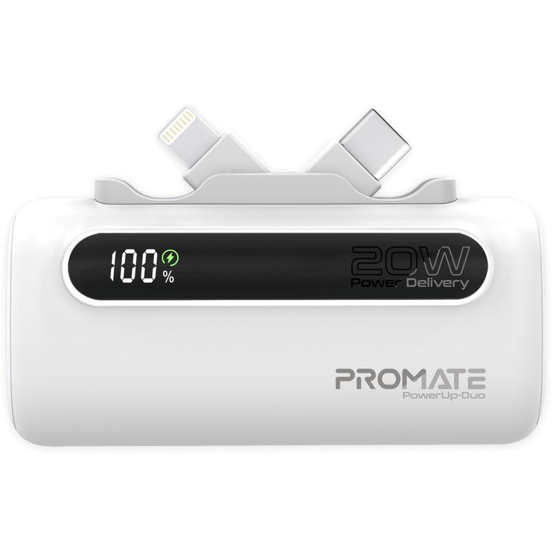 Promate 5000mAh Ultra-Compact fast charging Power Bank with Dual Folding USB-C & Lightning Connector,White