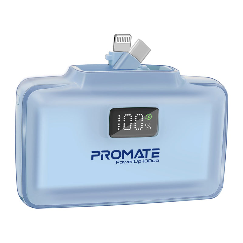 Promate 10000mAh Ultra-Compact fast charging Power Bank with Dual Folding USB-C & Lightning Connector ,Blue