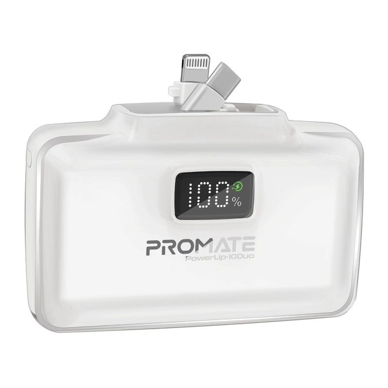 Promate 10000mAh Ultra-Compact fast charging Power Bank with Dual Folding USB-C & Lightning Connector  ,White