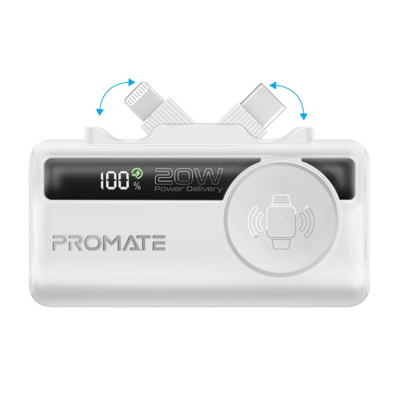 Promate 5000mAh Ultra-Compact fast charging Power Bank with Dual Folding USB-C & Lightning Connector  &  Apple Watch Charge,White