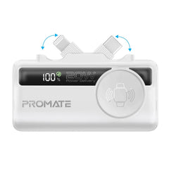 Promate 5000mAh Ultra-Compact fast charging Power Bank with Dual Folding USB-C & Lightning Connector  &  Apple Watch Charge,White