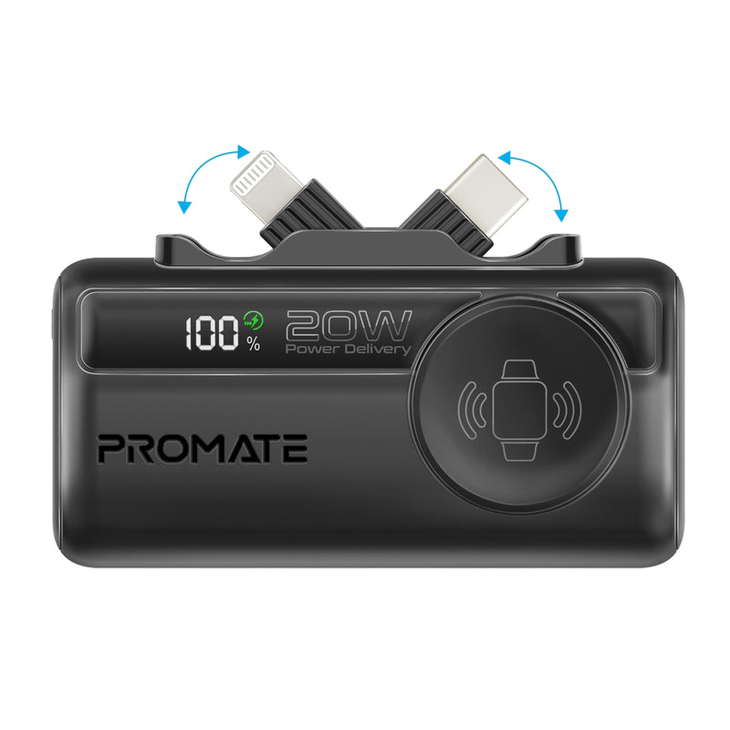 Promate 5000mAh Ultra-Compact fast charging Power Bank with Dual Folding USB-C & Lightning Connector  &  Apple Watch Charge,Black