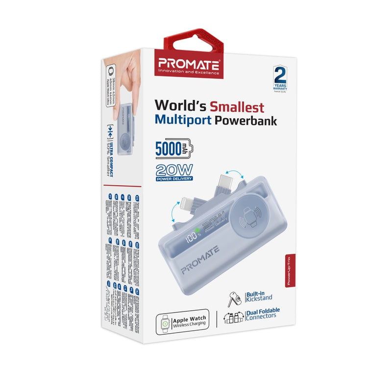 Promate 5000mAh Ultra-Compact fast charging Power Bank with Dual Folding USB-C & Lightning Connector  &  Apple Watch Charge,Blue