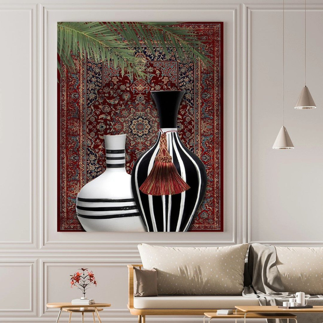 Canvas painting vase with green branches on Persian carpet