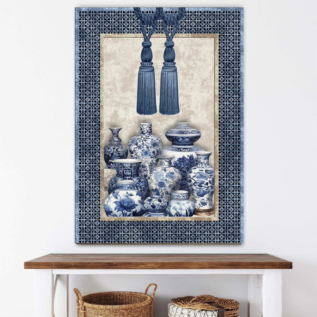 Canvas Wall Art Tassel with Vases Blue Color