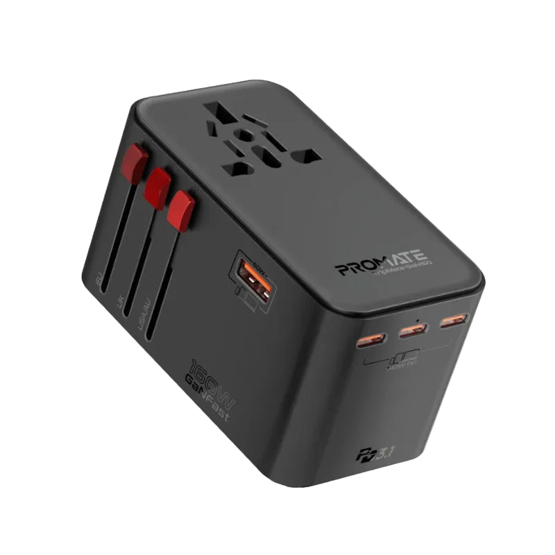 محول سفر بروميت - 160 واط GaNFast™ مزود بمنافذ متعددة لتوصيل الطاقة، أسود