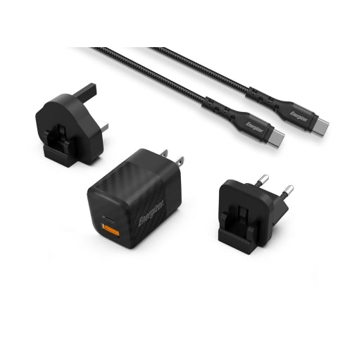 شاحن حائط إنرجايزر 38 واط / 3 منافذ متعددة / شحن سريع PD QC 3.0 + كابل USB-C إلى USB-C / أسود