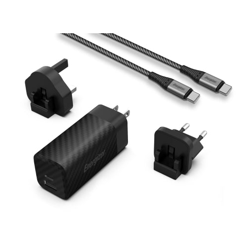 شاحن حائط Energizer ULTIMATE بقوة 90 واط، مزود بمنفذي USB-C، و3 منافذ متعددة، وكابل USB-C بطول 2 متر، باللون الأسود.